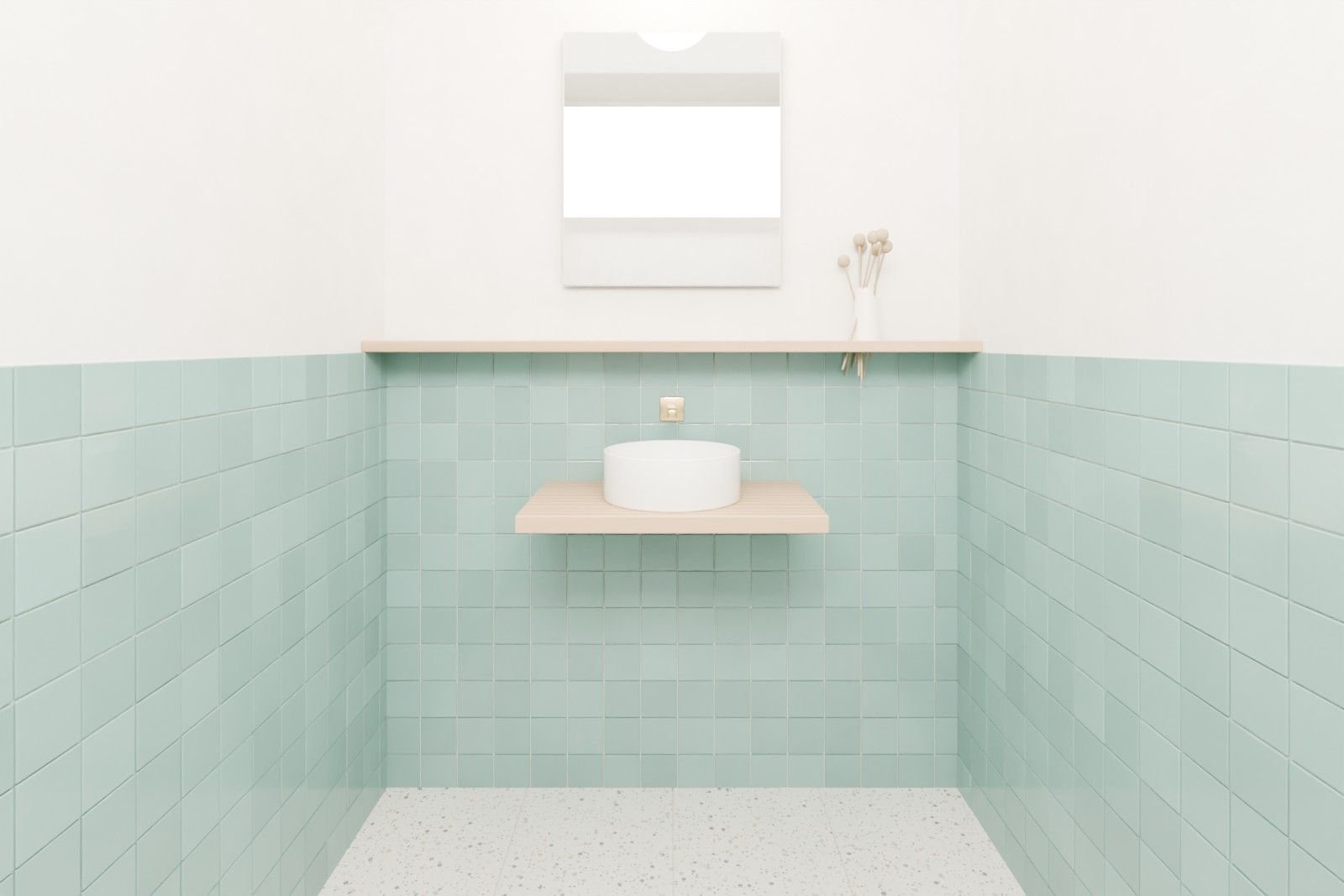 Kleines Gäste-WC mit grün glasierten quadratischen Wandfliesen bis halbe Höhe, Holzablage und Aufsatzbecken